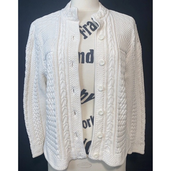 LL Bean Heavy Weight Cotton Fishermen Cable Cardigan Sweater Womens Petite Large - Picture 4 of 12